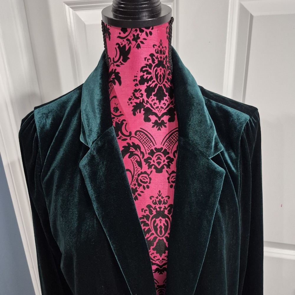 Skies Are Blue Velvet Duster Jacket Size Large Emerald Green Long Blazer Holiday - Picture 4 of 13